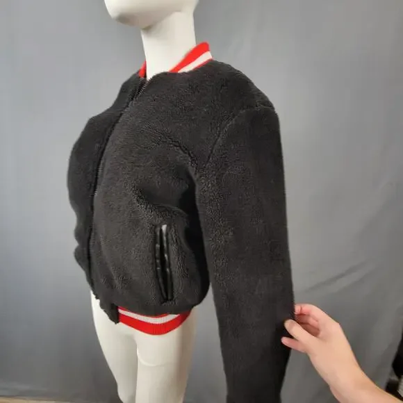 American Stitch Black Sherpa Bomber Jacket with Red Trim and Quilted Lining - Picture 2 of 7